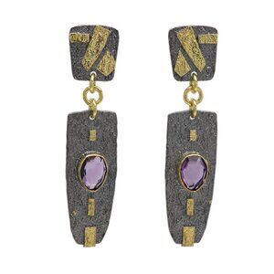 Black Dangle Designer Earrings Sterling Silver and Gold and Natural Amethyst